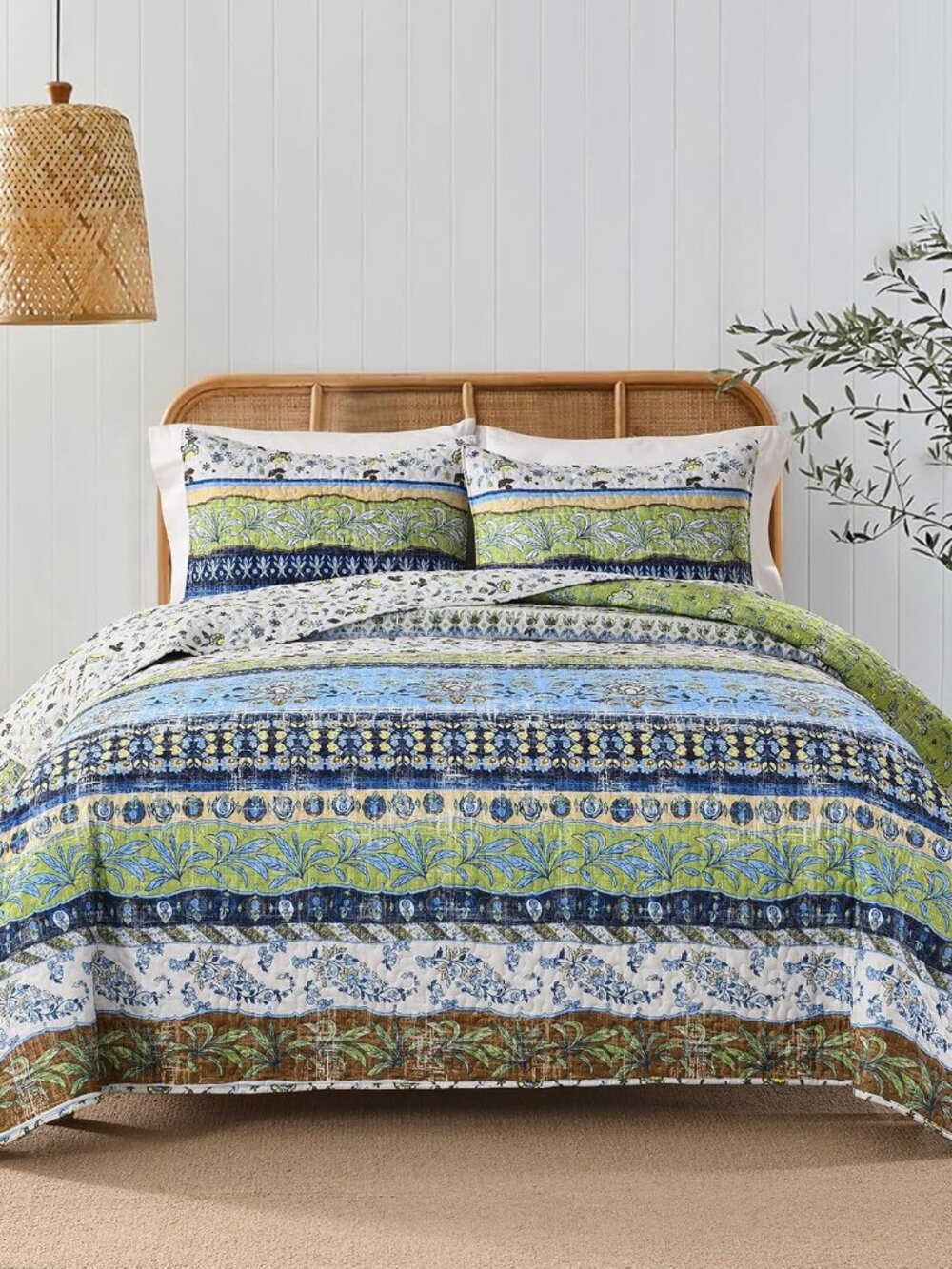 Boho Style Queen Quilt Set Green Bohemian Floral Strip Quilt Beddding Set, Soft